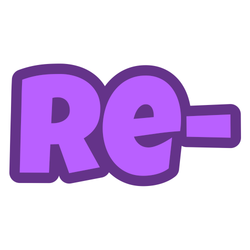 're-' in purple letters with a darker purple outline.